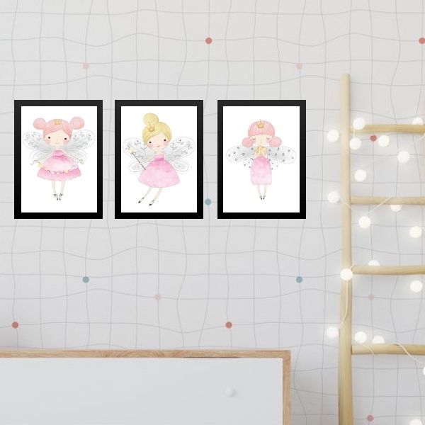 Kit 3 Quadros Infantis Fadinhas Princesas 33x24cm - Com Vidro