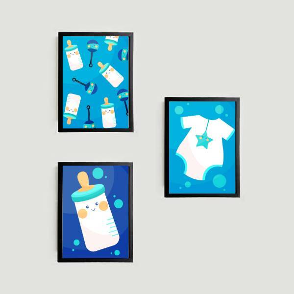 Kit 3 Quadros Infantis Mamadeiras Azuis 24x18cm Moldura:madei
