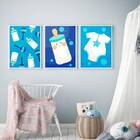 Kit 3 Quadros Infantis Mamadeiras Azuis 33x24cm - Com Vidro M