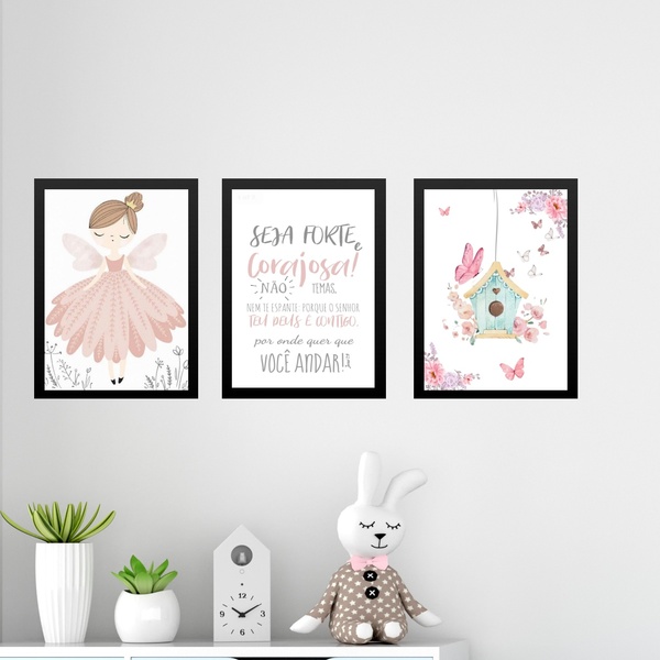 Kit 3 Quadros Infantis Menina Borboletinha - Salmo 45x34cm -