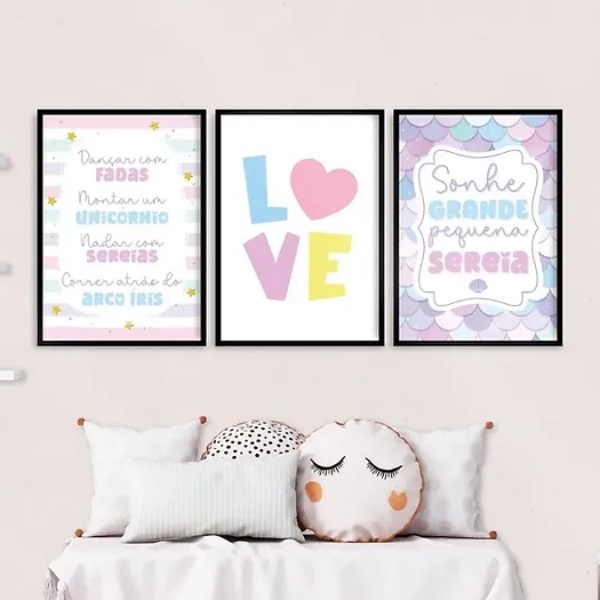 Kit 3 Quadros Infantis Menina - Fada Sereia Unicórnio 24x18cm