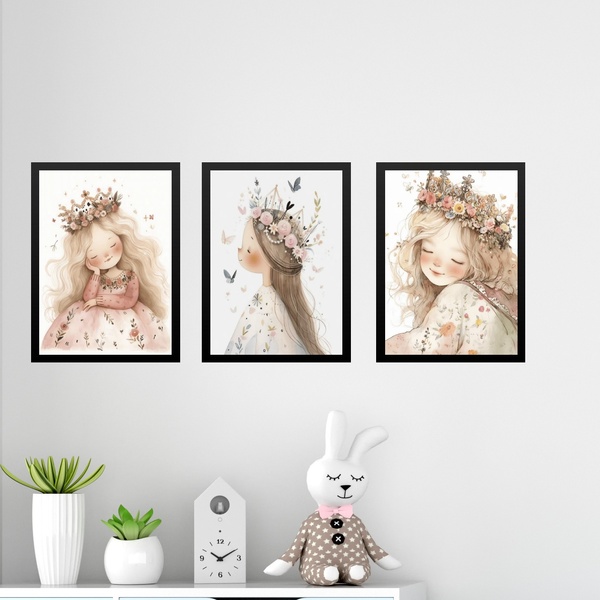 Kit 3 Quadros Infantis Menina Vintage Princesa 24x18cm - Com
