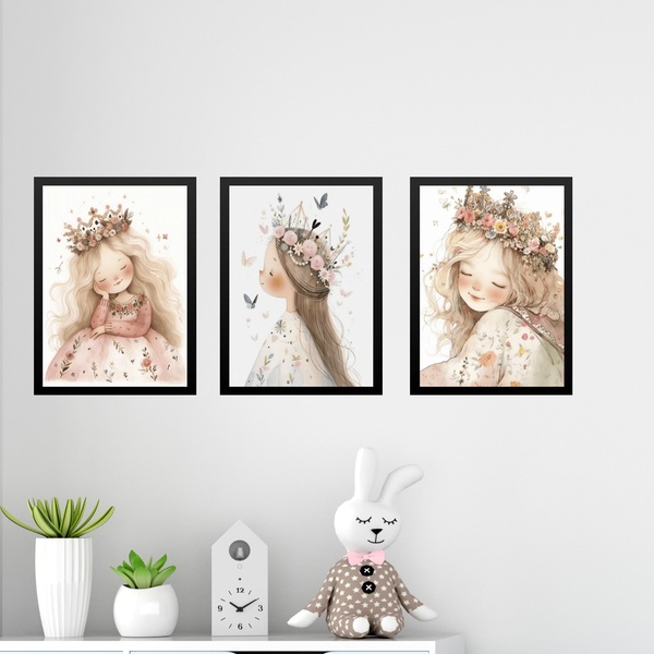 Kit 3 Quadros Infantis Menina Vintage Princesa 45x34cm Moldur