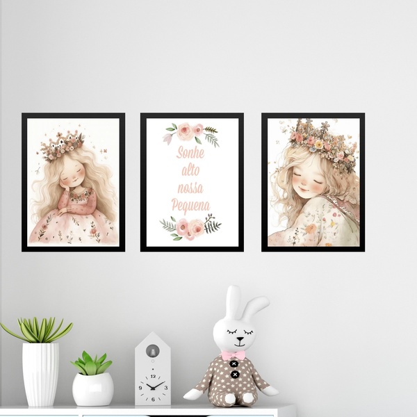 Kit 3 Quadros Infantis Princesa - Sonhe Alto 24x18cm - Com Vi