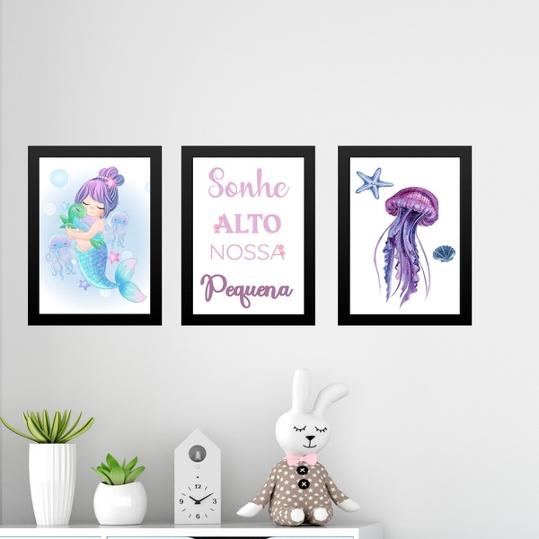 Kit 3 Quadros Infantis Sereia - Sonhe Alto 24x18cm Moldura Br