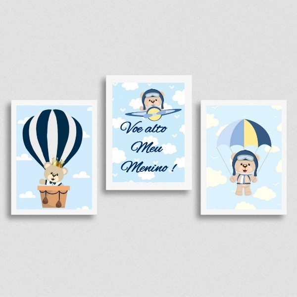 Kit 3 Quadros Infantis Voe Alto Ursinhos 33x24cm - Com Vidro