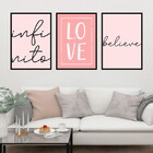 Kit 3 Quadros Infinito, Love, Believe Rosa 33x24cm - Com Vidr