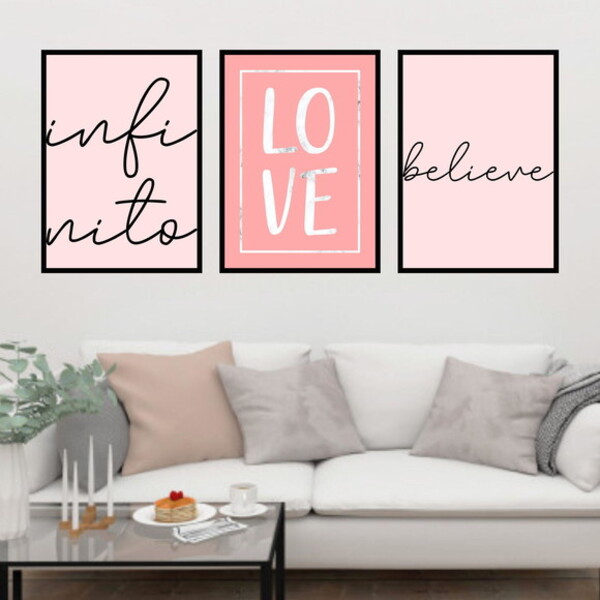 Kit 3 Quadros Infinito, Love, Believe Rosa 60x40cm Moldura:ma