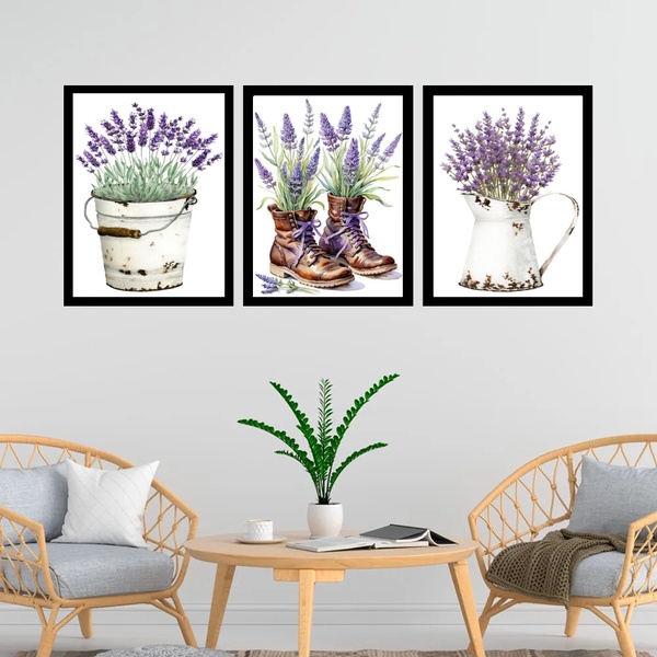 Kit 3 Quadros Jardim - Lavanda 45x34cm Moldura Branca