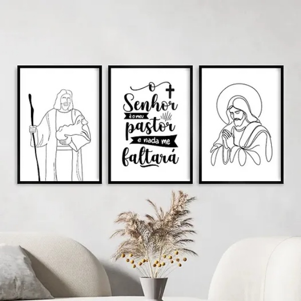 Kit 3 Quadros Jesus Minimalista - Meu Pastor 45x34cm - Com Vi