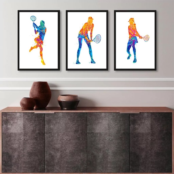 Kit 3 Quadros Jogadoras De Tênis Aquarela 45x34cm Moldura:mad
