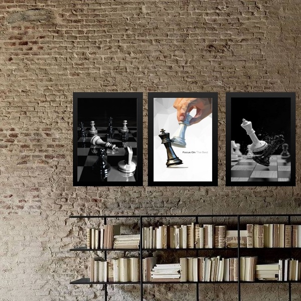 Kit 3 Quadros Jogo Xadrez - Motivacional 24x18cm - Com Vidro