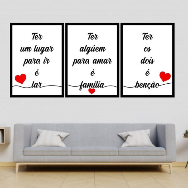 Kit 3 Quadros Lar, Família, Benção - Branco 33x24cm - Com Vid