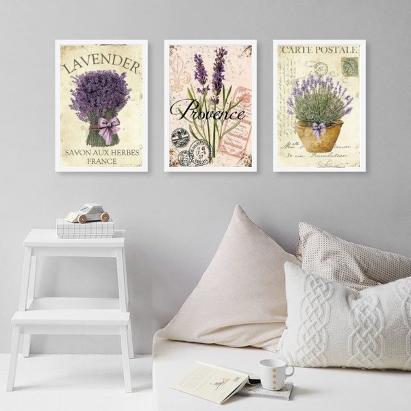 Kit 3 Quadros Lavanda Francesa Provence 33x24cm Moldura:madei
