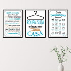 Kit 3 Quadros Lavanderia Azul 33x24cm - Com Vidro Moldura:mad