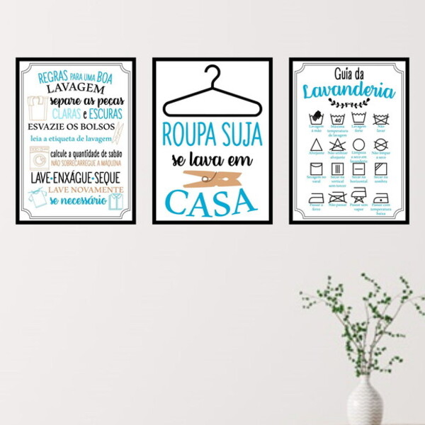 Kit 3 Quadros Lavanderia Azul 33x24cm - Com Vidro Moldura:mad