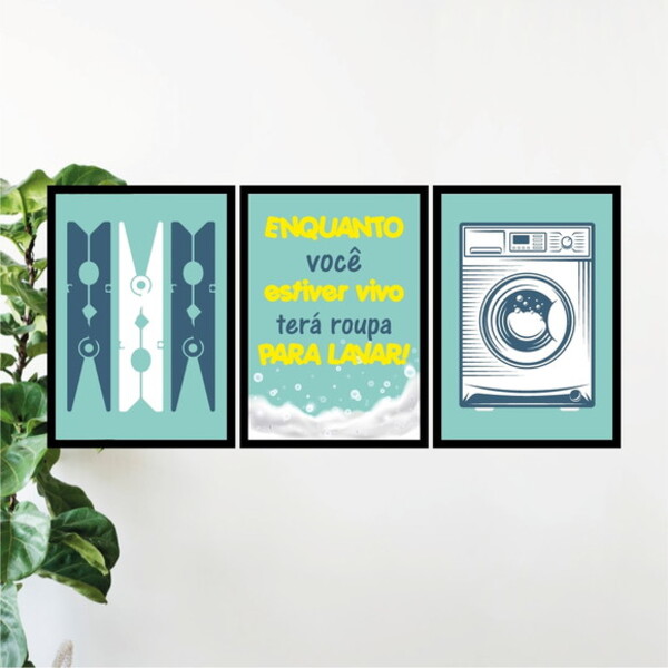 Kit 3 Quadros Lavanderia Azul Turquesa 24x18cm Moldura:madeir