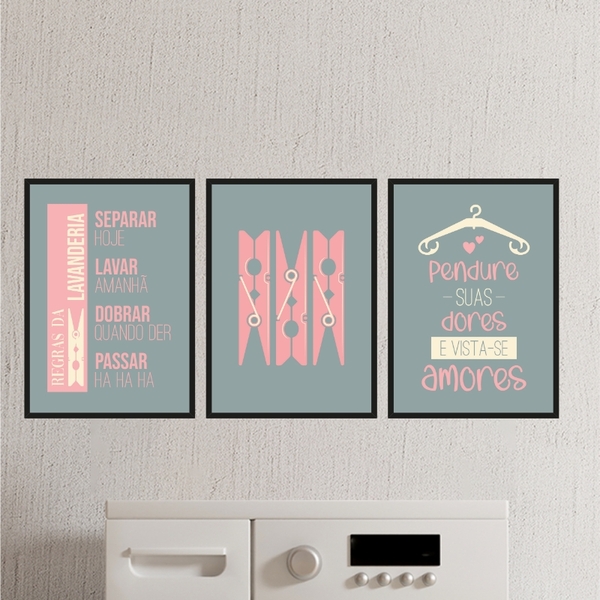 Kit 3 Quadros Lavanderia Cinza E Rosa 45x34cm - Com Vidro Mol