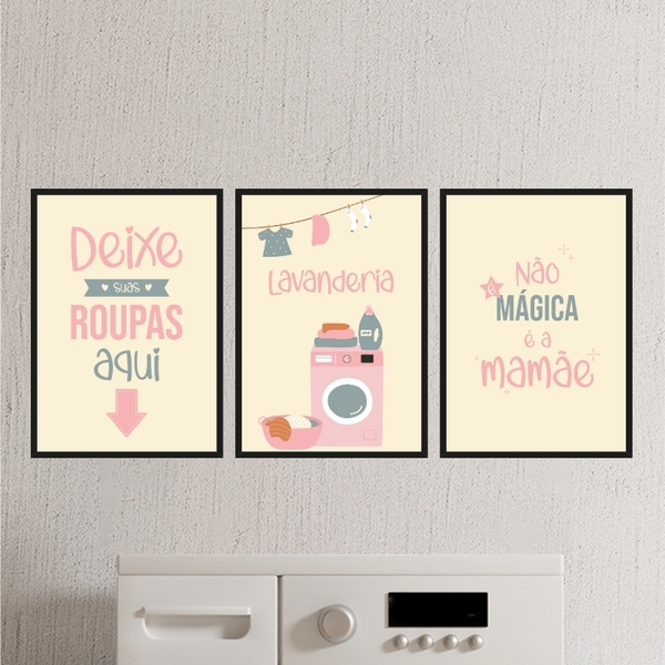 Kit 3 Quadros Lavanderia Mágica 24x18cm Moldura:madeira Preta
