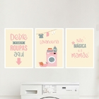Kit 3 Quadros Lavanderia Mágica 45x34cm - Com Vidro Moldura:m