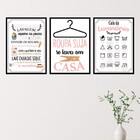 Kit 3 Quadros Lavanderia Rosa 60x40cm Moldura:madeira Preta