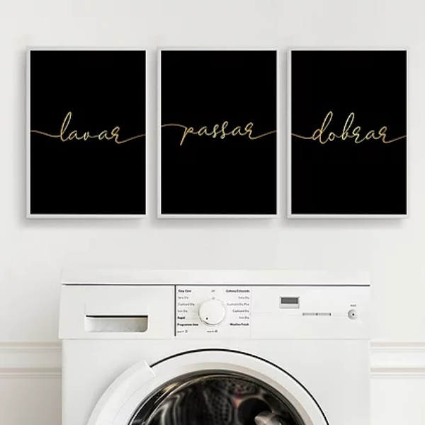 Kit 3 Quadros Lavar Passar Dobrar Lavanderia 33x24cm Moldura: