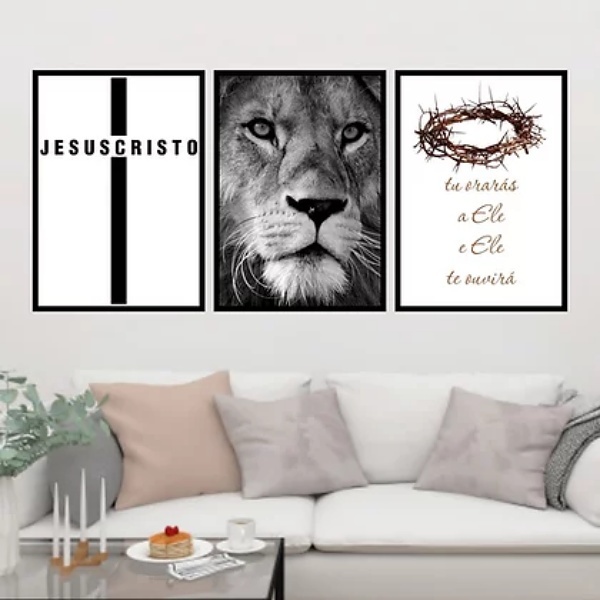 Kit 3 Quadros Leão Jesus Cristo 45x34cm - Com Vidro Moldura:m