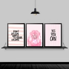 Kit 3 Quadros Leão Rosa Yes You Can 33x24cm Moldura:madeira P