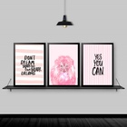 Kit 3 Quadros Leão Rosa Yes You Can 45x34cm Moldura:madeira B