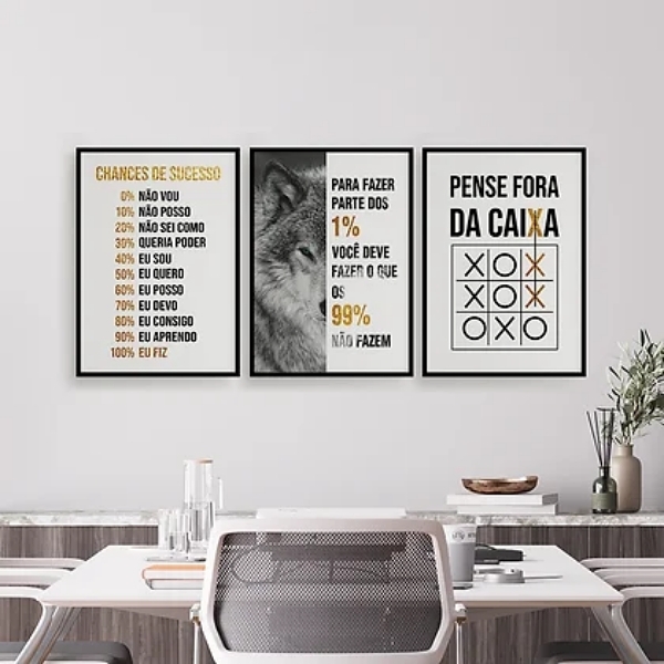 Kit 3 Quadros Lobo Empreendedorismo 45x34cm Moldura:madeira P