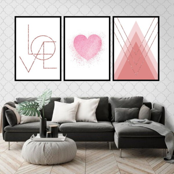 Kit 3 Quadros Love - Coração Rosa 45x34cm - Com Vidro Moldura