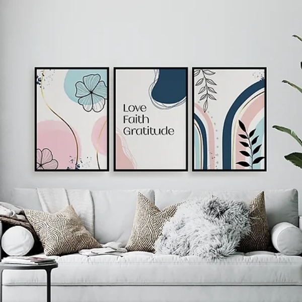 Kit 3 Quadros Love Faith Gratitude 24x18cm Moldura:madeira Pr