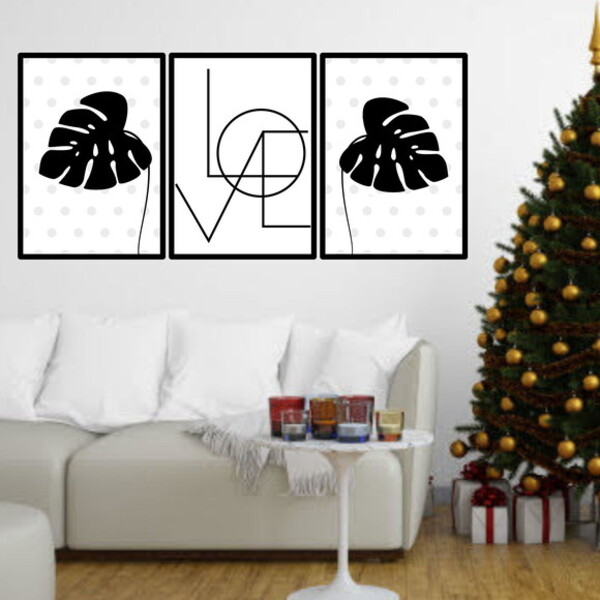 Kit 3 Quadros Love Folhas Tropicais Pretas 33x24cm - Com Vidr