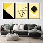 Kit 3 Quadros Love Geométrico Amarelo 33x24cm - Com Vidro Mol