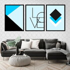 Kit 3 Quadros Love Geométrico Azul Claro 60x40cm Moldura:made