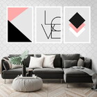 Kit 3 Quadros Love Geométrico Rosa E Branco 24x18cm - Com Vid