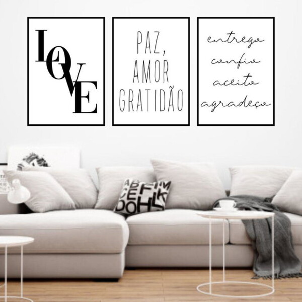 Kit 3 Quadros Love Paz E Amor 24x18cm - Com Vidro Moldura:mad