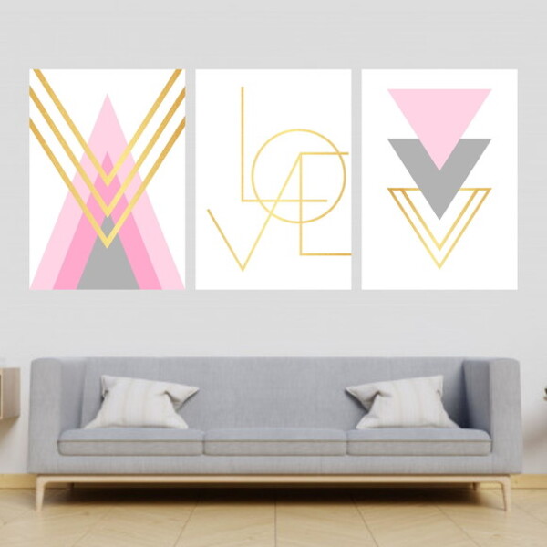 Kit 3 Quadros Love Triângulos Rosa/dourado 45x34cm - Com Vidr