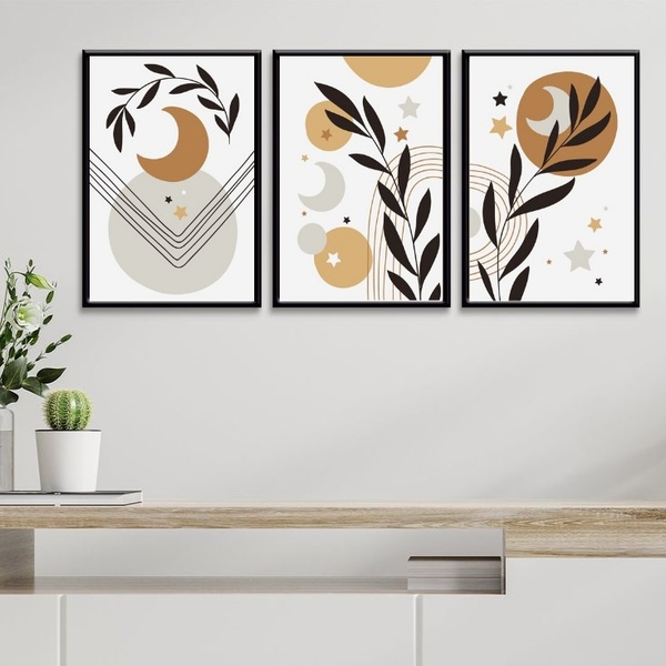 Kit 3 Quadros Luas E Estrelas Boho 24x18cm - Com Vidro Moldur
