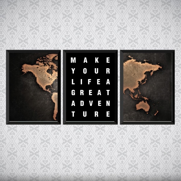 Kit 3 Quadros Mapa Adventure Life 24x18cm - Com Vidro Moldura