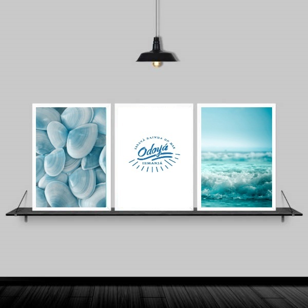 Kit 3 Quadros Mar Odayá Iemanjá 45x34cm - Com Vidro Moldura:m