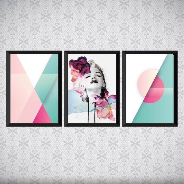 Kit 3 Quadros Marilyn Abstrato Aquarela 45x34cm Moldura:madei