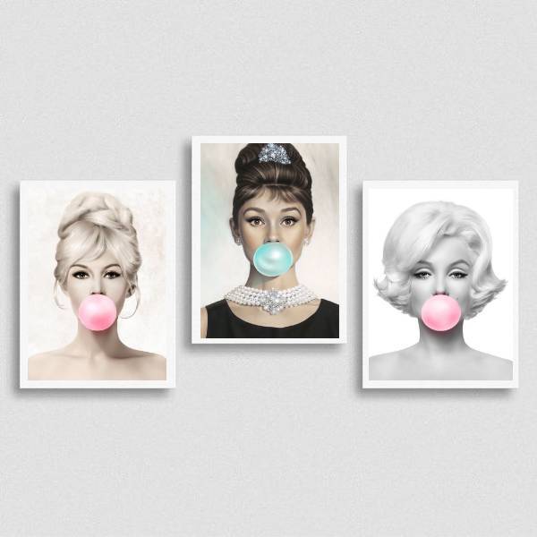 Kit 3 Quadros Marilyn, Audrey E Bridgit Chiclete 45x34cm A3 (