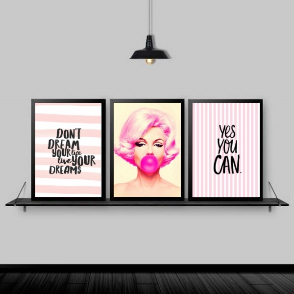 Kit 3 Quadros Marilyn Life Your Dreams 45x34cm Moldura:madeir