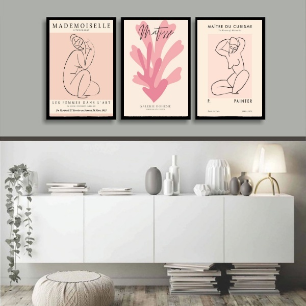 Kit 3 Quadros Matisse Mulheres Coral - Rosa 24x18cm - Com Vid