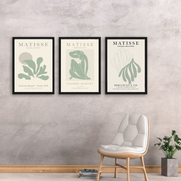 Kit 3 Quadros Matisse Verde Suave 24x18cm - Com Vidro Moldura