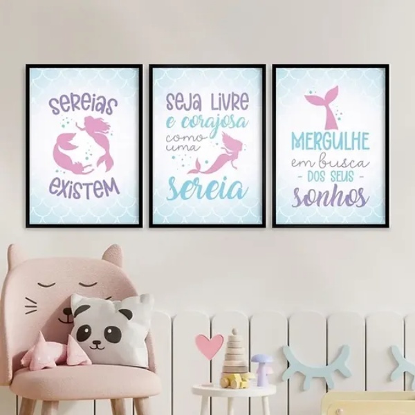 Kit 3 Quadros Menina - Sereias Existem 33x24cm - Com Vidro Mo