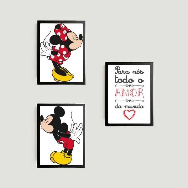 Kit 3 Quadros Mickey E Minnie Todo O Amor 24x18cm - Com Vidro