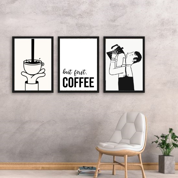 Kit 3 Quadros Minimalistas Café - First Coffee 24x18cm Moldur