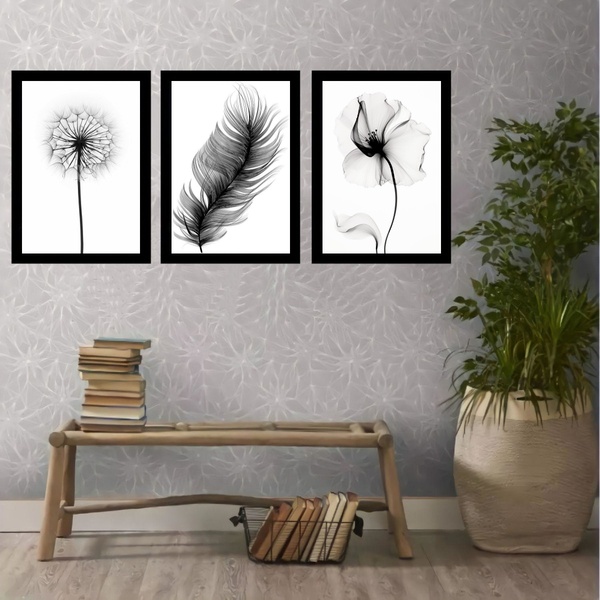 Kit 3 Quadros Minimalistas Flores e penas 33x24cm Moldura:mad